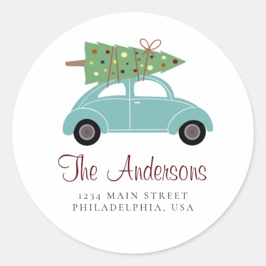 クリスマスツリーアドレス付きシアンホリデーカー ラウンドシール (正面)