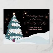 クリスマスツリーアンダーナイトスカイフォイルホリデーカード 箔シーズンポストカード (正面)