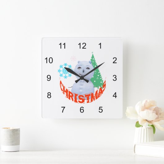クリスマスツリーアンド雪だるま スクエア壁時計 (ホーム)