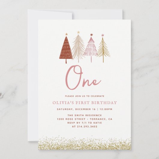 クリスマスツリーウィンターオネダーランドガール1st誕生日 招待状 (正面)