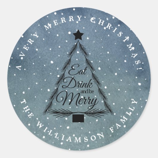 クリスマスツリーウィンタースノーフォールブルー封筒用シール ラウンドシール (正面)