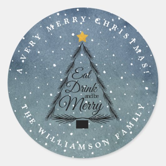 クリスマスツリーウィンタースノーフォールブルー封筒用シール ラウンドシール (正面)