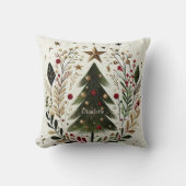 クリスマスツリーウォーターカラーグリーンリース金ゴールドスター クッション (正面)