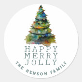 クリスマスツリーウォーターカラー芸術的ホリデー ラウンドシール (正面)