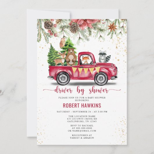クリスマスツリーウッドランド動物ドライブ赤ちゃんシャワー 招待状 (正面)