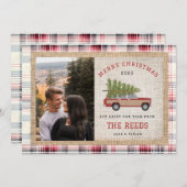 クリスマスツリーウッドワゴンカーフォトタータンチェックプレイド シーズンカード (正面/裏面)