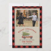 クリスマスツリーウッドワゴンSUV写真の格子柄ツイード シーズンカード (正面)
