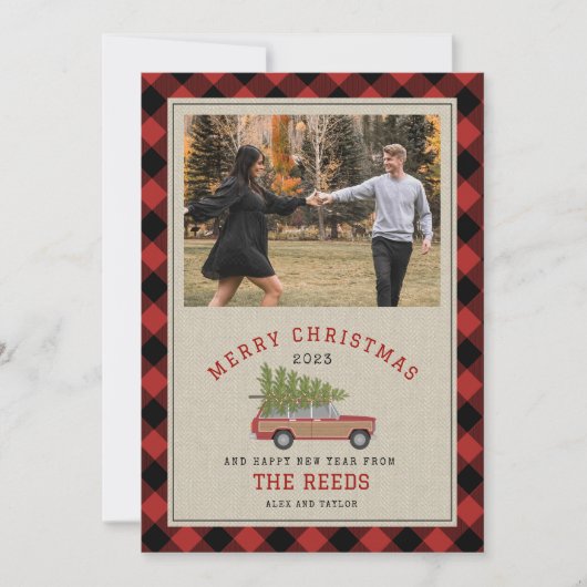 クリスマスツリーウッドワゴンSUV写真の格子柄ツイード シーズンカード (正面)