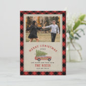 クリスマスツリーウッドワゴンSUV写真の格子柄ツイード シーズンカード (スタンド正面)