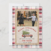 クリスマスツリーウッドワゴンSUV写真タータンチェックPlaid シーズンカード (正面)