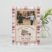 クリスマスツリーウッドワゴンSUV写真タータンチェックPlaid シーズンカード (スタンド正面)