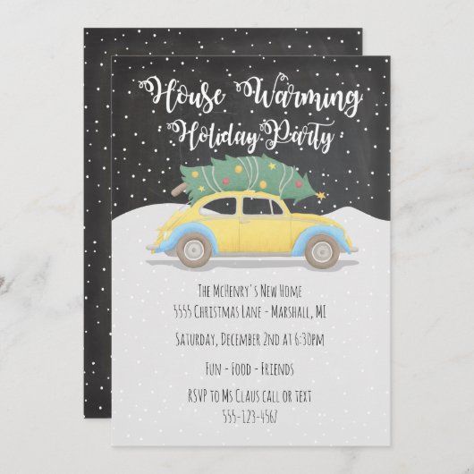クリスマスツリーオンカーハウスウォーミングホリデーパーティー 招待状 (正面/裏面)