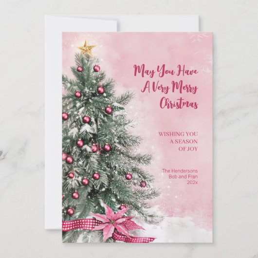 クリスマスツリーオンピンクフラットホリデーカード シーズンカード (正面)