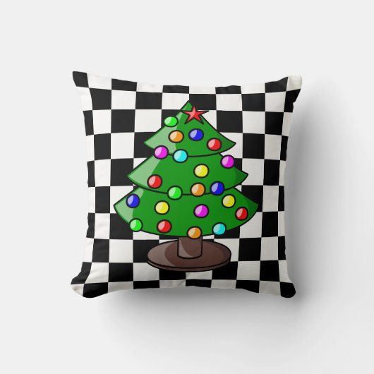 クリスマスツリーオンブラックアンドホワイトバック市松模様にガー クッション (正面)
