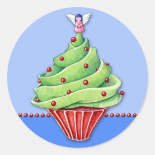 クリスマスツリーカップケーキブルー2ステッカー ラウンドシール