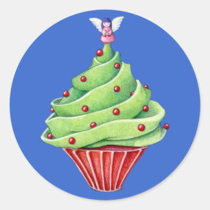 クリスマスツリーカップケーキ青いステッカー ラウンドシール
