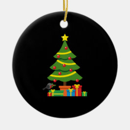 クリスマスツリーカラフルの下のロビンとプレゼント セラミックオーナメント