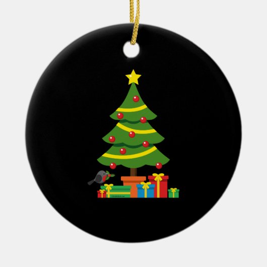 クリスマスツリーカラフルの下のロビンとプレゼント セラミックオーナメント (正面)