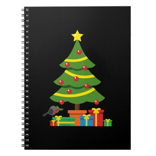 クリスマスツリーカラフルの下のロビンとプレゼント ノートブック (正面)