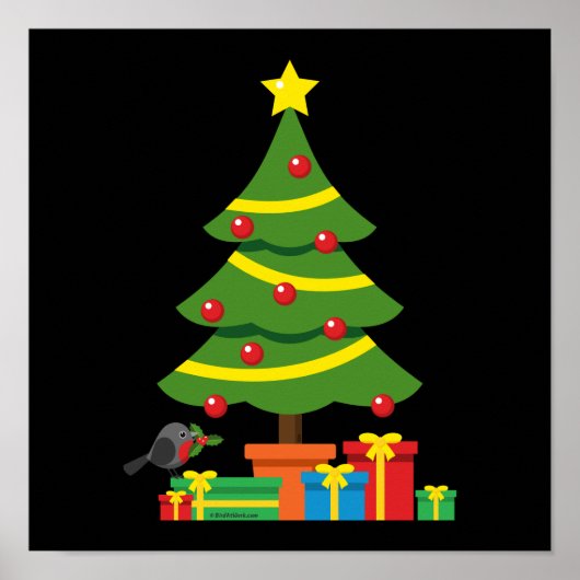 クリスマスツリーカラフルの下のロビンとプレゼント ポスター (正面)