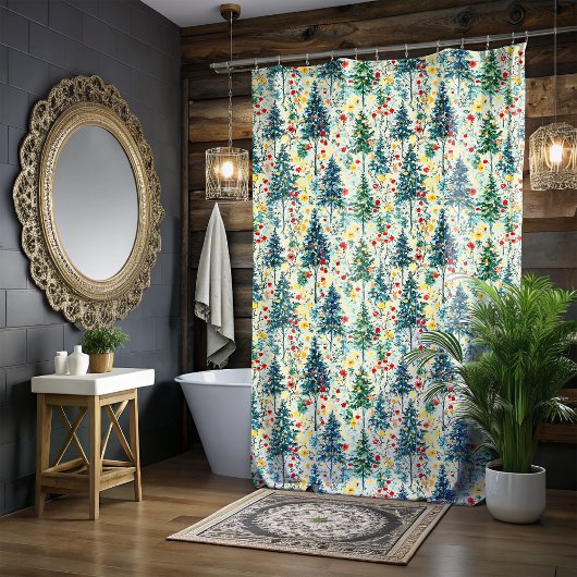 クリスマスツリーカラフルアートシャワーカーテン シャワーカーテン