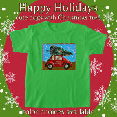 クリスマスツリーカーと可愛いハッピーホリデーズドッグ Tシャツ