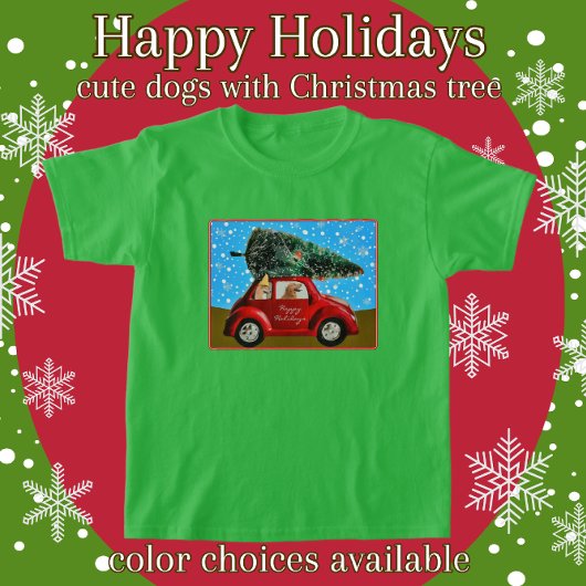 クリスマスツリーカーと可愛いハッピーホリデーズドッグ Tシャツ