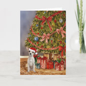 クリスマスツリーカードの下のチワワの水色 カード (正面)