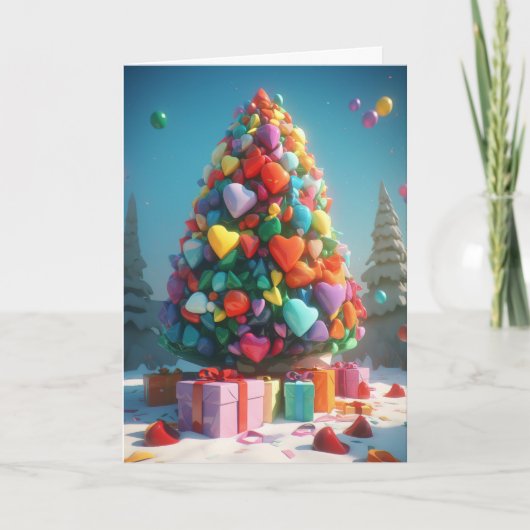 クリスマスツリーカードの虹色のハート シーズンカード (正面)