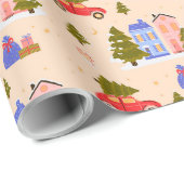 クリスマスツリーカーハウスイラストレーションパターン ラッピングペーパー (ロールコーナー)