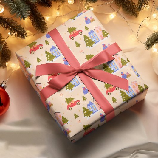 クリスマスツリーカーハウスイラストレーションパターン ラッピングペーパー