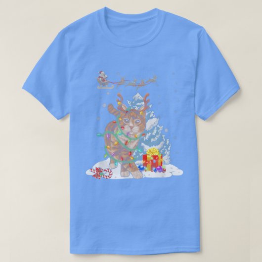 クリスマスツリーキャットトナカイ〔雄ジカの〕枝角猫好きXma Tシャツ (デザイン正面)
