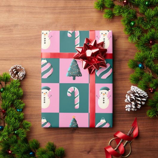 クリスマスツリーキャンディーケーンボードブル雪だるまピンクシアン ラッピングペーパー (クリスマスギフト)