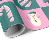 クリスマスツリーキャンディーケーンボードブル雪だるまピンクシアン ラッピングペーパー (ロールコーナー)