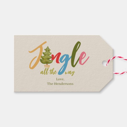 クリスマスツリーキュートジングルカラフルタイポグラフィおもしろい ギフトタグ (正面(横))
