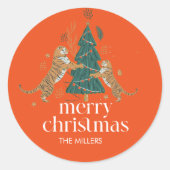 クリスマスツリーキュートタイガースメリークリスマスレトロ ラウンドシール (正面)