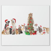 クリスマスツリーギフトラップ付き動物サンタ帽子 ラッピングペーパー (フラット)