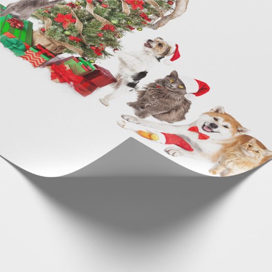 クリスマスツリーギフトラップ付き動物サンタ帽子 ラッピングペーパー (角)