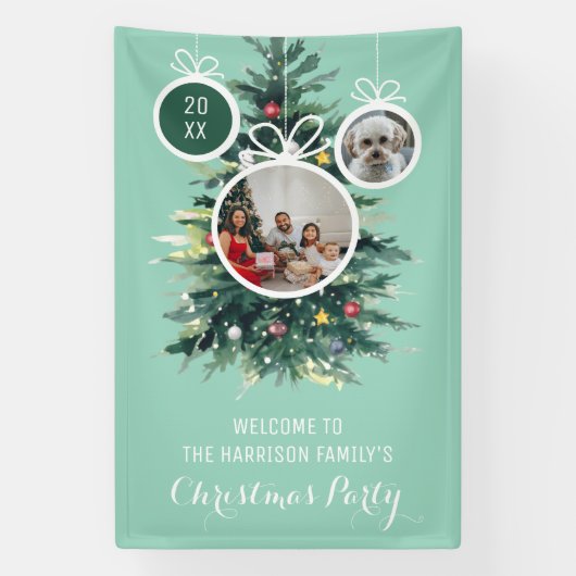 クリスマスツリークリスマスボール形状2つの写真グリーン 横断幕 (縦)