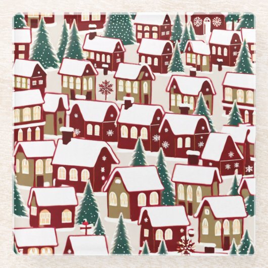 クリスマスツリークリスマス村の雪の写真 ガラスコースター (正面)