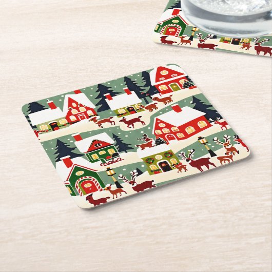 クリスマスツリークリスマス村の雪の写真 スクエアペーパーコースター (アングル)