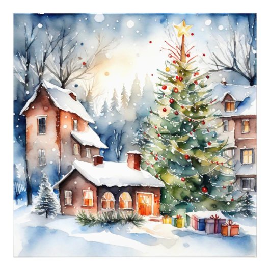 クリスマスツリークリスマス村の雪の写真 フォトプリント (正面)