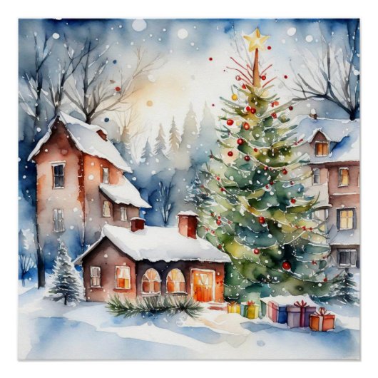 クリスマスツリークリスマス村の雪の写真 ポスター (正面)