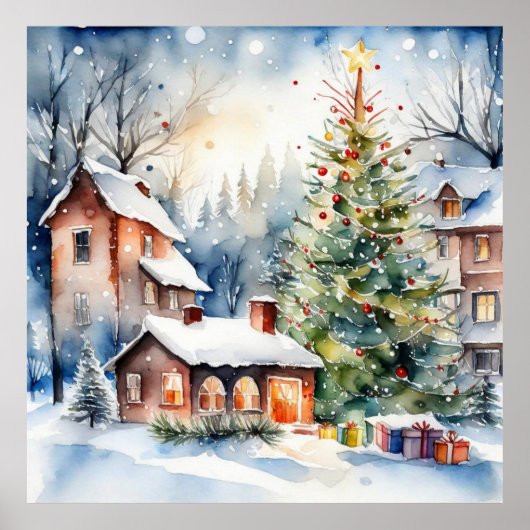 クリスマスツリークリスマス村の雪の写真 ポスター (正面)