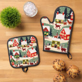 クリスマスツリークリスマス村の雪の写真 鍋つかみ&鍋敷きセット (トップダウン)