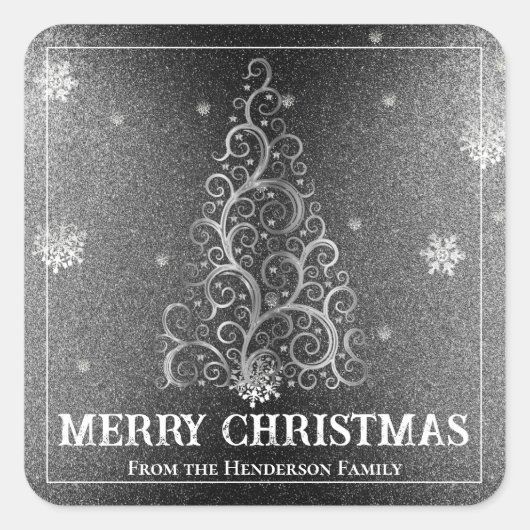 クリスマスツリーグリッターと雪片 |シルバー スクエアシール (正面)