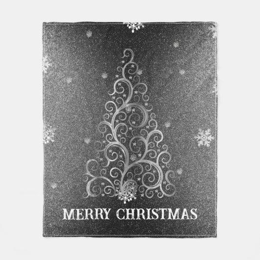 クリスマスツリーグリッターと雪片 |シルバー フリースブランケット (正面)