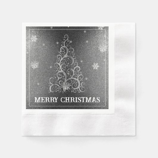 クリスマスツリーグリッターと雪片 |シルバー 縁ありカクテルナプキン (正面)