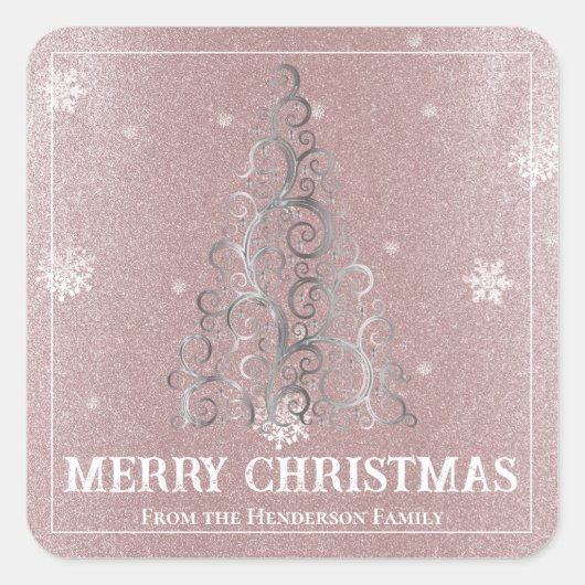 クリスマスツリーグリッターと雪片 |ピンク スクエアシール (正面)