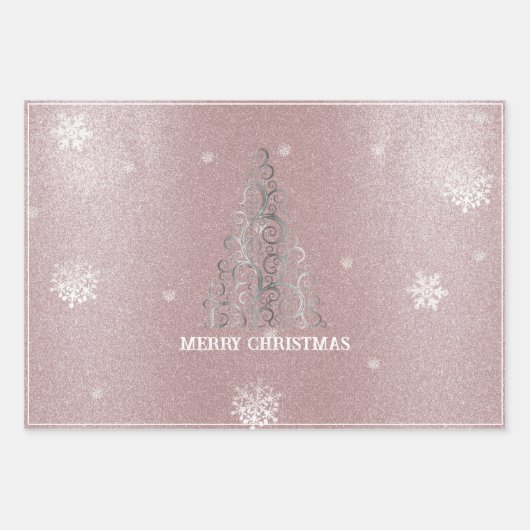 クリスマスツリーグリッターと雪片 |ピンク ラッピングペーパーシート (正面)